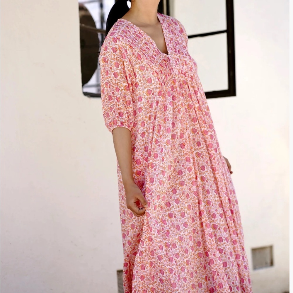 Pink Floral Maxi Dress with Pintuck V-Neck and Three-Quarter Sleeves - Picture 2 of 8